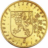 obverse of 5 Dukátů (1929 - 1951) coin with KM# 13 from Czechoslovakia. Inscription: REPUBLIKA ČESKOSLOVENSKÁ 5 1937