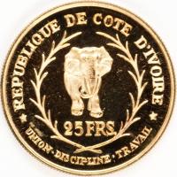 Ivory Coast coin 25 Francs - Félix Houphouët-Boigny (1966) reverse reverse of 25 Francs - Félix Houphouët-Boigny (1966) coin with KM# 3 from Ivory Coast. Inscription: REPUBLIQUE DE COTE D'IVOIRE 25 FRS. * UNION · DISCIPLINE · TRAVAIL *