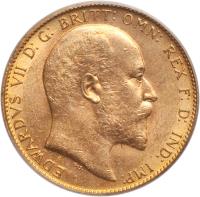 obverse of 1 Sovereign - Edward VII (1908 - 1910) coin with KM# 14 from Canada. Inscription: EDWARDVS VII D: G: BRITT: OMN: REX F: D: IND: IMP: DeS.