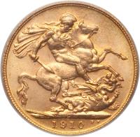 reverse of 1 Sovereign - Edward VII (1908 - 1910) coin with KM# 14 from Canada. Inscription: 1910 B.P.