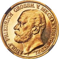 obverse of 10 Mark - Adolph Friedrich V (1905) coin with KM# 116 from German States. Inscription: ADOLPH FRIEDRICH GROSSH. V. MECKLENBURG STREL. A