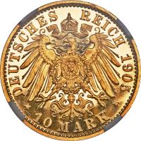 reverse of 10 Mark - Adolph Friedrich V (1905) coin with KM# 116 from German States. Inscription: DEUTSCHES REICH 1905 * 10 MARK *