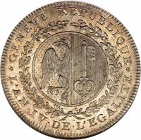 Swiss cantons coin 1 Thaler (1795) obverse obverse of 1 Thaler (1795) coin with KM# 111 from Swiss cantons. Inscription: GENEVE · REPUBLIQUE L'AN · IV · DE L'EGALITE