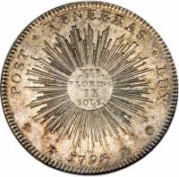 Swiss cantons coin 1 Thaler (1795) reverse reverse of 1 Thaler (1795) coin with KM# 111 from Swiss cantons. Inscription: POST TENEBRAS LUX XII. FLORINS IX SOLS T 1795 B