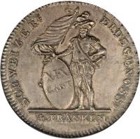 Swiss cantons coin 4 Franken (1813) reverse reverse of 4 Franken (1813) coin with KM# 73 from Swiss cantons. Inscription: SCHWEIZER. EIDSGENOSS. XIX CANT 4.FRANKEN
