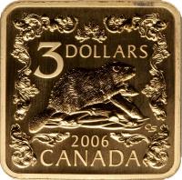reverse of 3 Dollars - Elizabeth II - Beaver (2006) coin with KM# 657 from Canada. Inscription: 3 DOLLARS 2006 CANADA