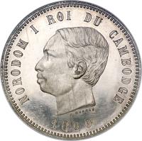 Cambodia coin 4 Francs - Norodom I (1860) obverse obverse of 4 Francs - Norodom I (1860) coin with KM# 48 from Cambodia. Inscription: NORODOM I ROI DU CAMBODGE C.WURDEN 1860