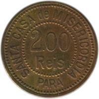 obverse of 200 Réis - Santa Casa de Misericordia; Leprosarium Coinage (1920) coin with KM# L7 from Brazil. Inscription: SANTA CASA de MISERICORDIA 2.00 REIS PARÁ