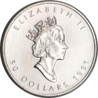 Canada coin 50 Dollars - Elizabeth II - Platinum Bullion; 3'rd Portrait (1990 - 1999) obverse obverse of 50 Dollars - Elizabeth II - Platinum Bullion; 3'rd Portrait (1990 - 1999) coin with KM# 195 from Canada. Inscription: ELIZABETH II 50 DOLLARS 1991