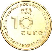 Netherlands coin 10 Euro - Beatrix - Enlargement of EU (2004) reverse reverse of 10 Euro - Beatrix - Enlargement of EU (2004) coin with KM# 247 from Netherlands. Inscription: 2004 10 euro Nederland D DK S FIN EST LV LT PL CZ SK H SLO CY GR A I M P E F IRL GB L B