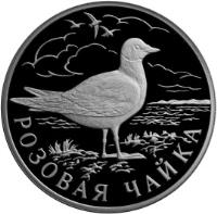 reverse of 1 Rouble - Red Data Book: Rose-colored gull (1999) coin with Y# 643 from Russia. Inscription: РОЗОВАЯ ЧАЙКА