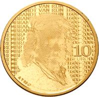 reverse of 10 Euro - Beatrix - 400th Birthday of Rembrandt Harmenszoon van Rijn (2006) coin with KM# 291 from Netherlands. Inscription: REMBRANDT VAN RIJN 1606-2006 5 EURO BS