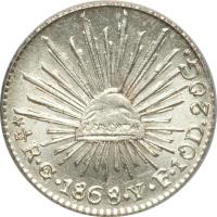 Mexico coin 1/2 Real (1825 - 1869) reverse reverse of 1/2 Real (1825 - 1869) coin with KM# 370 from Mexico. Inscription: *1/2R · Go · 1868 · Y · F · 10D. 20G.