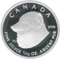 reverse of 2 Dollars - Elizabeth II - Canadian Wildlife: Arctic Fox (2004) coin from Canada. Inscription: CANADA 9999 CD FINE SILVER 1/10 OZ ARGENT PUR