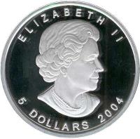 obverse of 5 Dollars - Elizabeth II - Canadian WildlifeArctic Fox (2004) coin from Canada. Inscription: ELIZABETH II SB 5 DOLLARS 2004