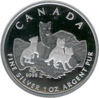 Canada coin 5 Dollars - Elizabeth II - Canadian WildlifeArctic Fox (2004) reverse reverse of 5 Dollars - Elizabeth II - Canadian WildlifeArctic Fox (2004) coin from Canada. Inscription: CANADA CD 9999 FINE SILVER 1 OZ ARGENT PUR