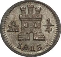 Mexico coin 1/4 Real - Carlos IV / Fernando VII (1796 - 1816) obverse obverse of 1/4 Real - Carlos IV / Fernando VII (1796 - 1816) coin with KM# 62 from Mexico. Inscription: Mo 1/4 1815