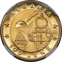Albania coin 100 Lekë - 42nd Anniversary of First Railroad (1988) obverse obverse of 100 Lekë - 42nd Anniversary of First Railroad (1988) coin with KM# 63 from Albania. Inscription: ALBANIA 1988 100 LEKË