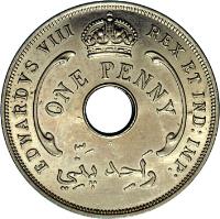 British West Africa coin 1 Penny - George VI - Mule (1945) obverse obverse of 1 Penny - George VI - Mule (1945) coin with KM# 25 from British West Africa. Inscription: EDWARDVS VIII REX ET IND:IMP: ONE PENNY