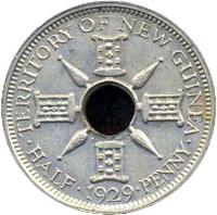 New Guinea coin 1/2 Penny - George V (1929) reverse reverse of 1/2 Penny - George V (1929) coin with KM# 1 from New Guinea. Inscription: TERRITORY OF NEW GUINEA HALF . 1929 . PENNY