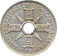 reverse of 1 Penny - George V (1929) coin with KM# 2 from New Guinea. Inscription: TERRITORY OF NEW GUINEA ONE . 1929 . PENNY