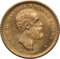 obverse of 10 Kronor - Oscar II (1873 - 1876) coin with KM# 732 from Sweden. Inscription: OSCAR II SVERIGES O. NORGES KONUNG L.A. * 1874 *