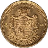 reverse of 10 Kronor - Oscar II (1873 - 1876) coin with KM# 732 from Sweden. Inscription: BRÖDRAFOLKENS VÄL S.T. 10 KRONOR