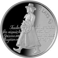 reverse of 1 Lats - Song Festival (2008) coin with KM# 93 from Latvia. Inscription: 1 LATS Tautas dēli uzminēja Sen aizmirstu svētumu: Gaismu sauca, Gaisma ausa! Augšām ceļas Gaismas pils.