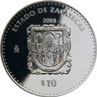 Mexico coin 10 Pesos - 180th Anniversary of Federation: Zacatecas (2003) reverse reverse of 10 Pesos - 180th Anniversary of Federation: Zacatecas (2003) coin with KM# 679 from Mexico. Inscription: ESTADO DE ZACATECAS 2003 Mo $10