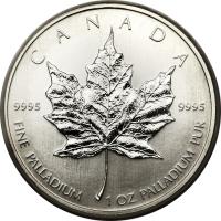 Canada coin 50 Dollars - Elizabeth II - Palladium Bullion; 4'th Portrait (2005 - 2010) reverse reverse of 50 Dollars - Elizabeth II - Palladium Bullion; 4'th Portrait (2005 - 2010) coin from Canada. Inscription: CANADA 9995 9995 FINE PALLADIUM 1 OZ PALLADIUM PUR