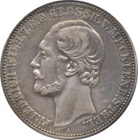 obverse of 2 Mark - Friedrich Wilhelm (1877) coin with KM# 108 from German States. Inscription: FRIEDRICH WILH. V.G.G. GROSSH. V. MECKLENB. STRL.