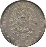 German States coin 2 Mark - Friedrich Wilhelm (1877) reverse reverse of 2 Mark - Friedrich Wilhelm (1877) coin with KM# 108 from German States. Inscription: DEUTSCHES REICH 1877 * ZWEI MARK *