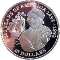 reverse of 10 Dollars - Elizabeth II - 500th Anniversary of America: Christopher Columbus (1990) coin with KM# 121 from Cook Islands. Inscription: 500 YEARS OF AMERICA 1492-1992 10 DOLLARS