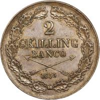 reverse of 2 Skilling Banco - Oscar I (1845 - 1855) coin with KM# 664 from Sweden.