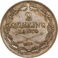 Sweden coin 2 Skilling Banco - Oscar I (1845 - 1855) reverse reverse of 2 Skilling Banco - Oscar I (1845 - 1855) coin with KM# 664 from Sweden.
