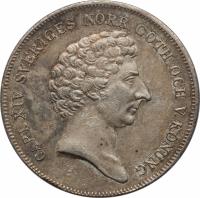 Sweden coin 1 Riksdaler Specie - Carl XIV Johan (1842 - 1843) obverse obverse of 1 Riksdaler Specie - Carl XIV Johan (1842 - 1843) coin with KM# 655 from Sweden. Inscription: CARL XIV SVERIGES NORR. GÖTH. OCH V. KONUNG