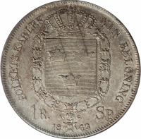 Sweden coin 1 Riksdaler Specie - Carl XIV Johan (1842 - 1843) reverse reverse of 1 Riksdaler Specie - Carl XIV Johan (1842 - 1843) coin with KM# 655 from Sweden. Inscription: FOLKETS KÄRLEK MIN BELÖNING 1R. SP. A. G. 18 42