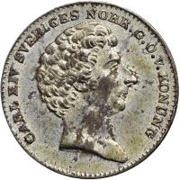 obverse of 1/16 Riksdaler Specie - Carl XIV Johan (1835 - 1836) coin with KM# 644 from Sweden. Inscription: CARL XIV SVERIGES NORR. G. O. V. KONUNG