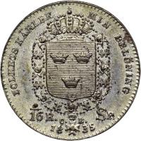 reverse of 1/16 Riksdaler Specie - Carl XIV Johan (1835 - 1836) coin with KM# 644 from Sweden. Inscription: FOLKETS KÄRLEK MIN BELÖNING ./16R. SP. C. B. 18 34