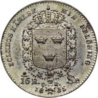Sweden coin 1/16 Riksdaler Specie - Carl XIV Johan (1835 - 1836) reverse reverse of 1/16 Riksdaler Specie - Carl XIV Johan (1835 - 1836) coin with KM# 644 from Sweden. Inscription: FOLKETS KÄRLEK MIN BELÖNING ./16R. SP. C. B. 18 34