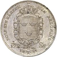 reverse of 1/12 Riksdaler Specie - Carl XIV Johan (1831 - 1833) coin with KM# 630 from Sweden. Inscription: FOLKETS KÄRLEK MIN BELÖNING ./12R. SP. C. B. 18 31
