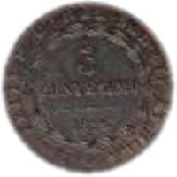 Italian States coin 3 Centesimi - Vittorio Emanuele II (1826) reverse reverse of 3 Centesimi - Vittorio Emanuele II (1826) coin with KM# 2 from Italian States. Inscription: CAR · FELIX D · G · REX SAR · CYP · ET HIER