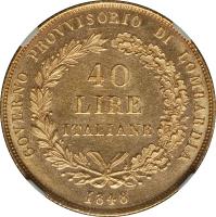 obverse of 40 Lire (1848) coin with C# 24 from Italian States. Inscription: GOVERNO PROVVISORIO DI LOMBARDIA 40 LIRE ITALIANE