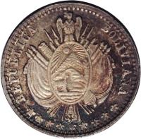 obverse of 1/10 Boliviano (1864 - 1867) coin with KM# 150 from Bolivia. Inscription: REPUBLICA BOLIVIANA
