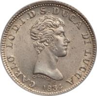 obverse of 1 Lira - Carlo Ludovico I (1834 - 1838) coin with KM# 40 from Italian States. Inscription: CARLO LO D.I.S.DUCA DI LUCCA C. LANDIE F. 1834