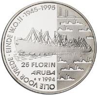 Aruba coin 25 Florin - Beatrix - Oil For Peace, end of World War II (1994) reverse reverse of 25 Florin - Beatrix - Oil For Peace, end of World War II (1994) coin with KM# 11 from Aruba. Inscription: OLIE VOOR VREDE · EINDE W.O.II · 1945-1995 25 FLORIN ARUBA 1994