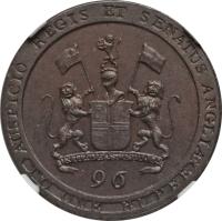 obverse of 1/96 Rupee (1794 - 1797) coin with KM# 392 from India. Inscription: AUSPICIO REGIS ET SENATUS ANGLIÆ UNITED EAST INDIA CO 96 TO ONE RUPEE