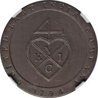 India coin 1/96 Rupee (1794 - 1797) reverse reverse of 1/96 Rupee (1794 - 1797) coin with KM# 392 from India. Inscription: UNITED EAST INDIA COMPANY 4 V E I C 1794