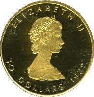 obverse of 10 Dollars - Elizabeth II - Gold Bullion; 2'nd Portrait (1982 - 1989) coin with KM# 136 from Canada. Inscription: ELIZABETH II 10 DOLLARS 1989