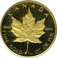 Canada coin 10 Dollars - Elizabeth II - Gold Bullion; 2'nd Portrait (1982 - 1989) reverse reverse of 10 Dollars - Elizabeth II - Gold Bullion; 2'nd Portrait (1982 - 1989) coin with KM# 136 from Canada. Inscription: CANADA 9999 9999 FINE GOLD 1/4 OZ OR PUR